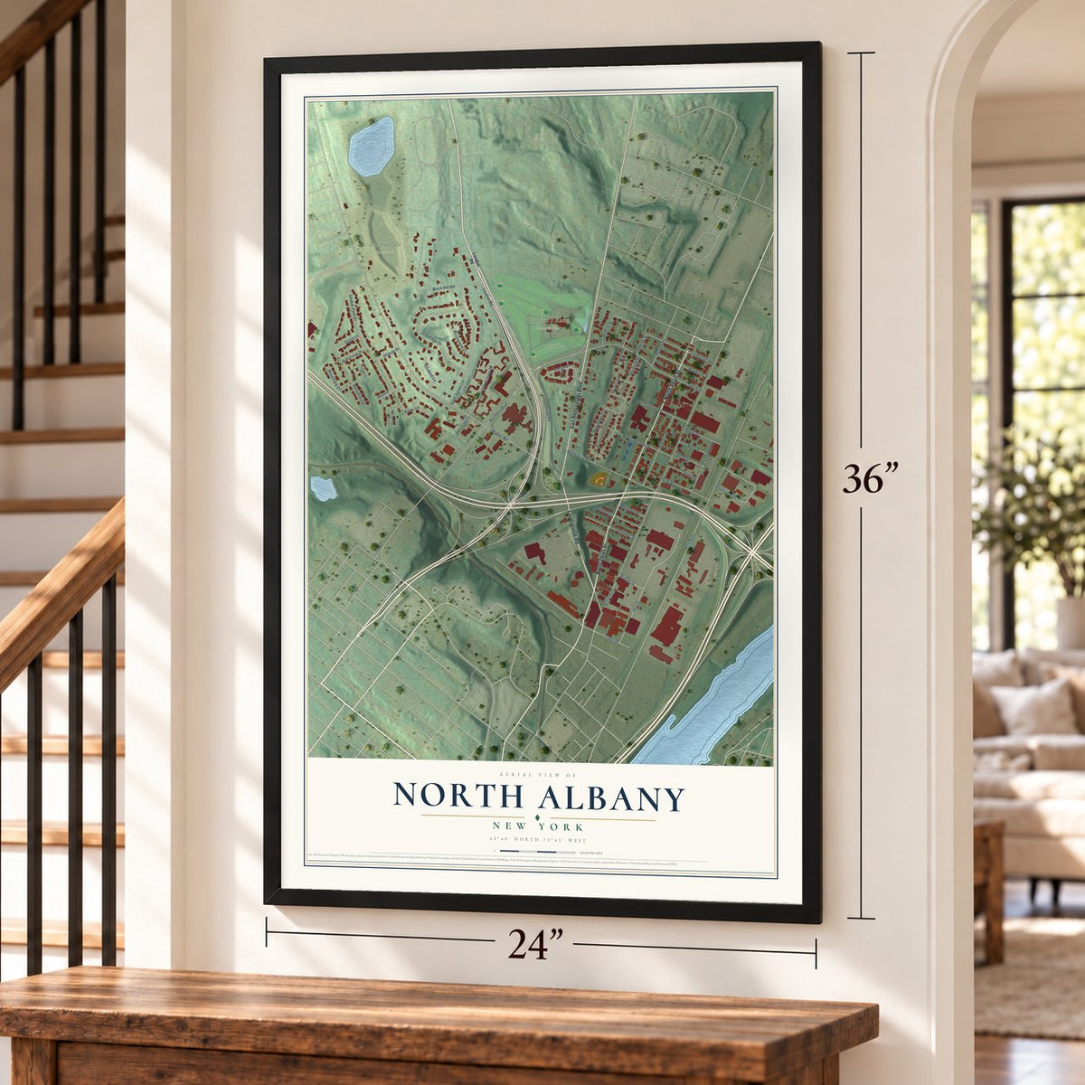 North Albany, New York map, 24 x 36 inch print in a black frame by a staircase
