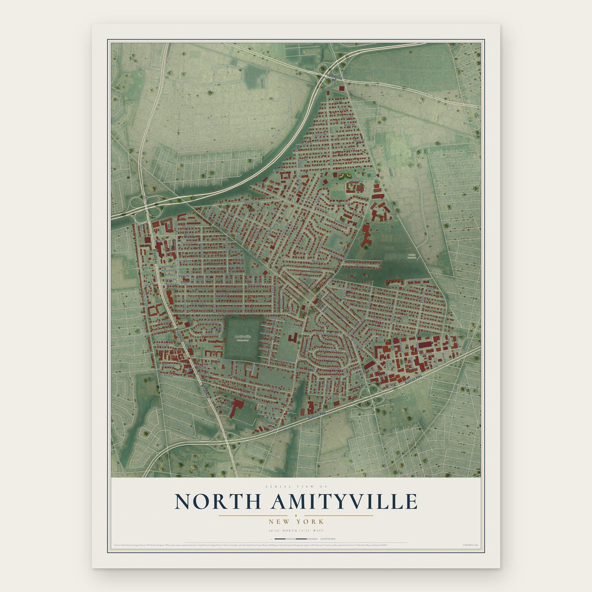 North Amityville, New York map print, the full design