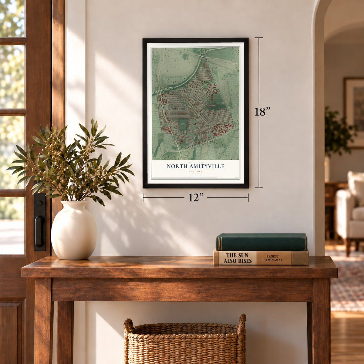North Amityville, New York map, 12 x 18 inch print in a black frame in an entryway