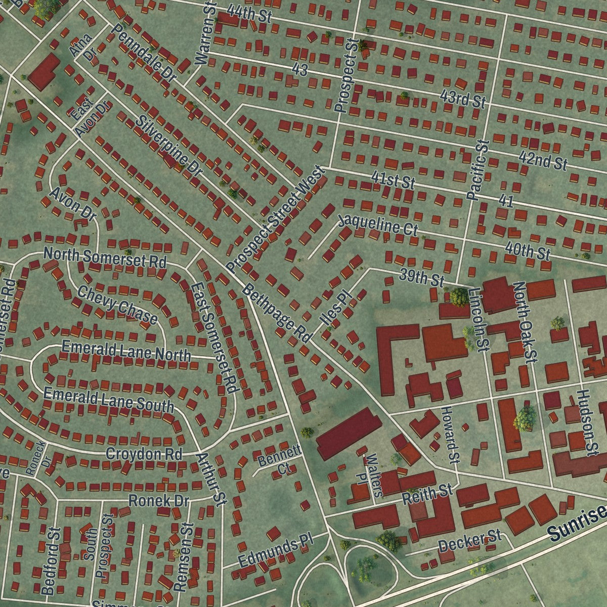 Close-up of the map of North Amityville, New York print showing street and building detail