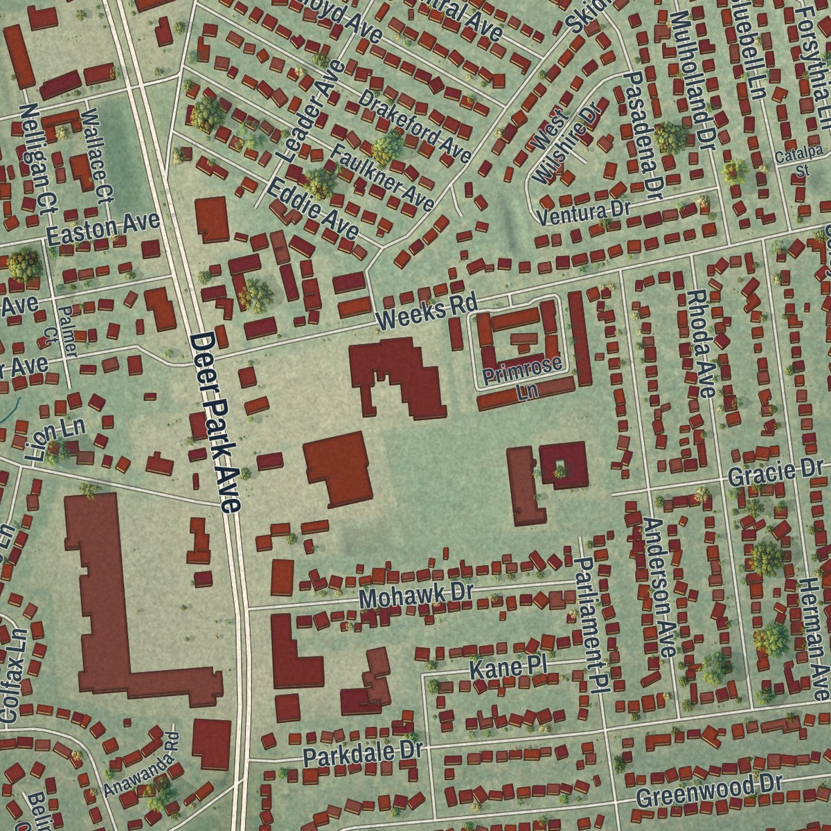 Close-up of the map of North Babylon, New York print showing street and building detail