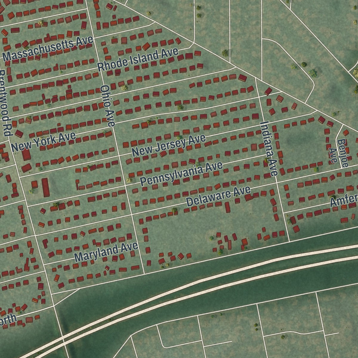 Close-up of the map of North Bay Shore, New York print showing street and building detail