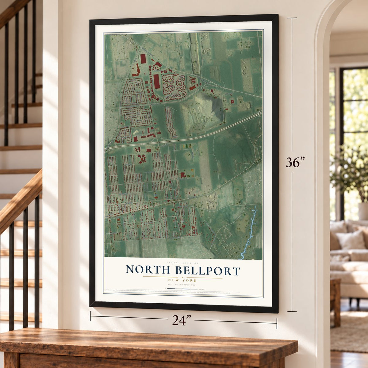 North Bellport, New York map, 24 x 36 inch print in a black frame by a staircase
