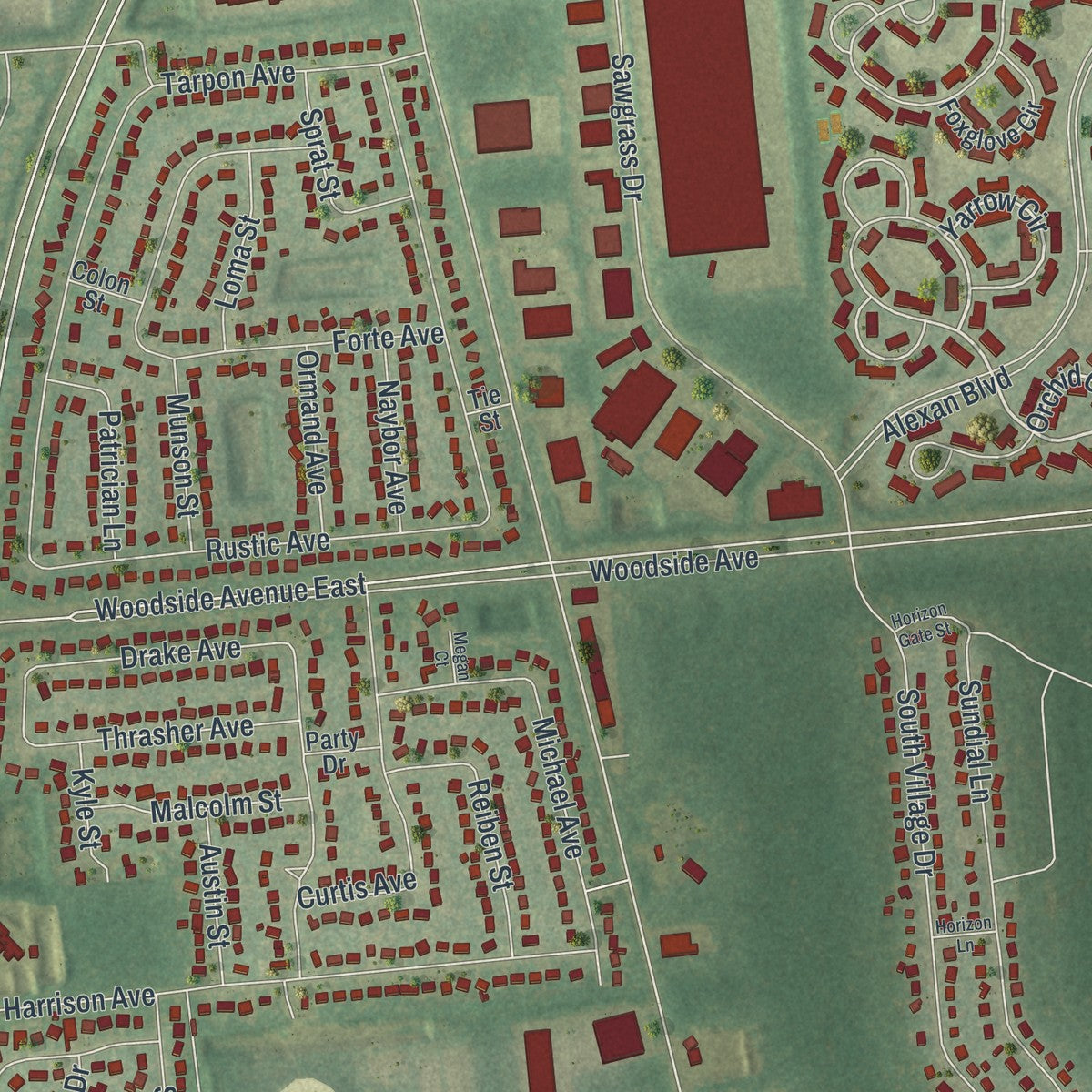 Close-up of the map of North Bellport, New York print showing street and building detail