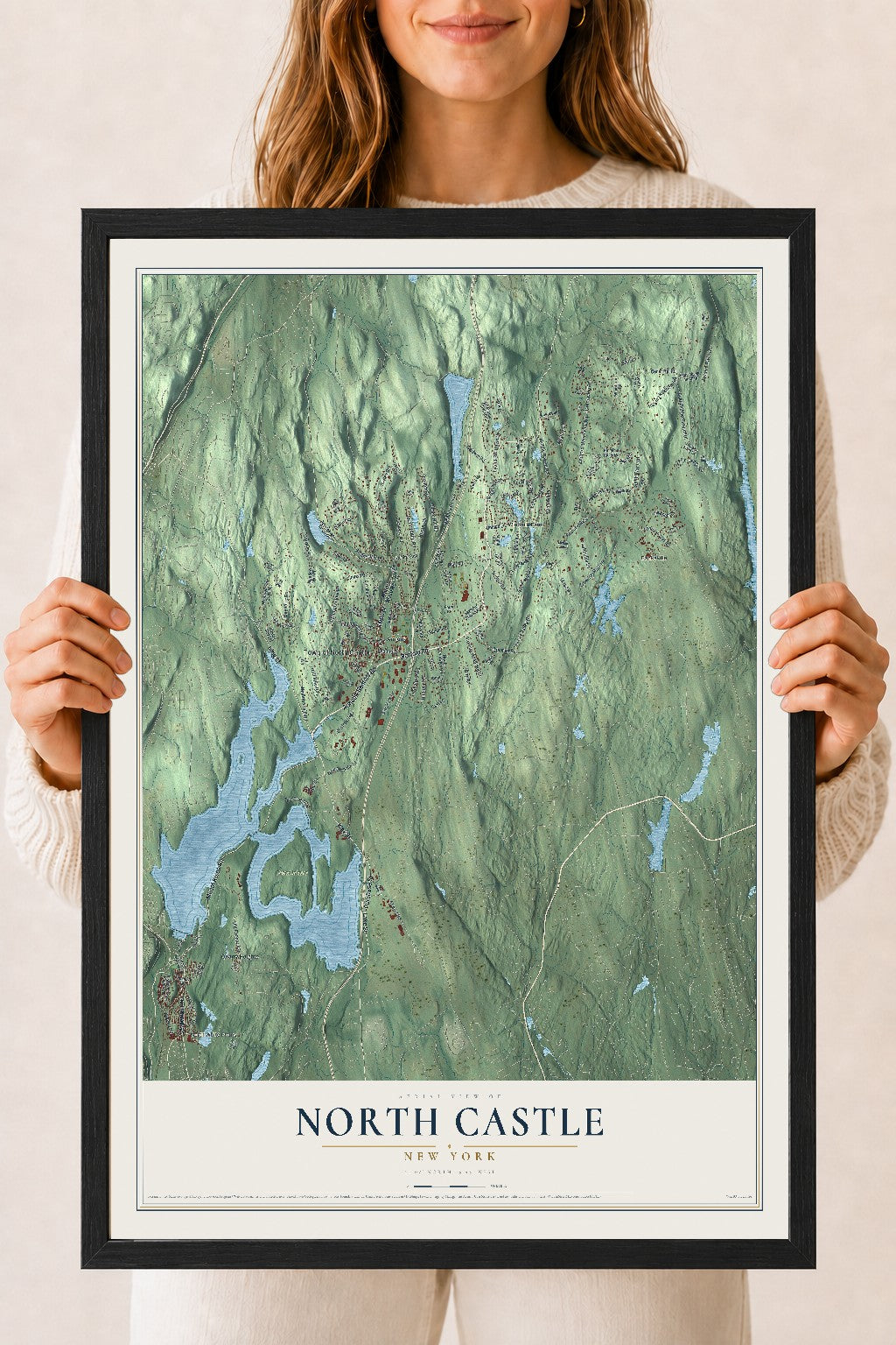 North Castle, New York map print, 18" x 24" W/ Black Ayous Wood Frame mockup