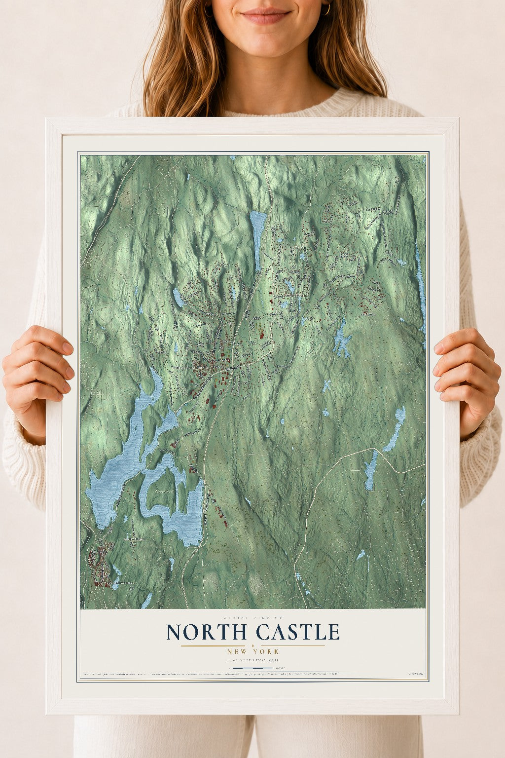 North Castle, New York map print, 18" x 24" W/ White Ayous Wood Frame mockup