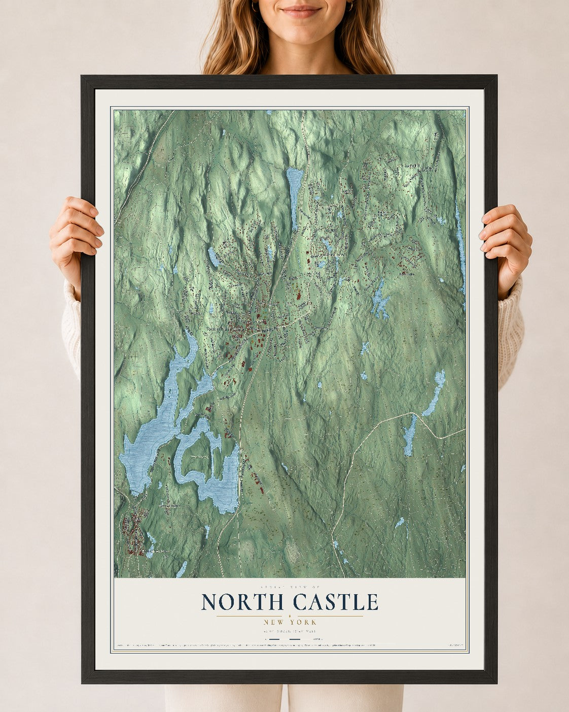 North Castle, New York map print, 24" x 36" W/ Black Ayous Wood Frame mockup