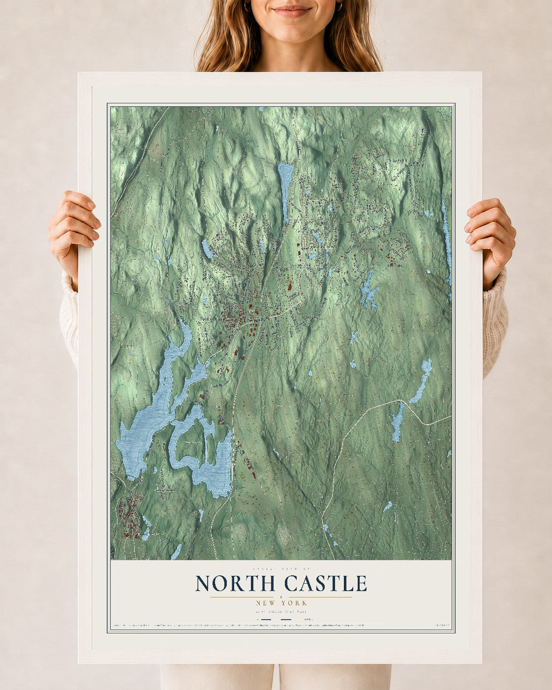 North Castle, New York map print, 24" x 36" W/ White Ayous Wood Frame mockup