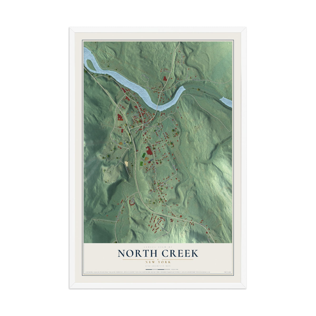 North Creek, New York map print, 12" x 18" W/ White Ayous Wood Frame mockup