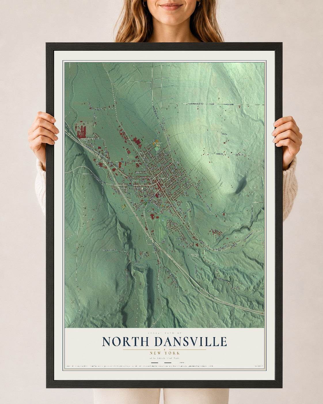 North Dansville, New York map print, 24" x 36" W/ Black Ayous Wood Frame mockup