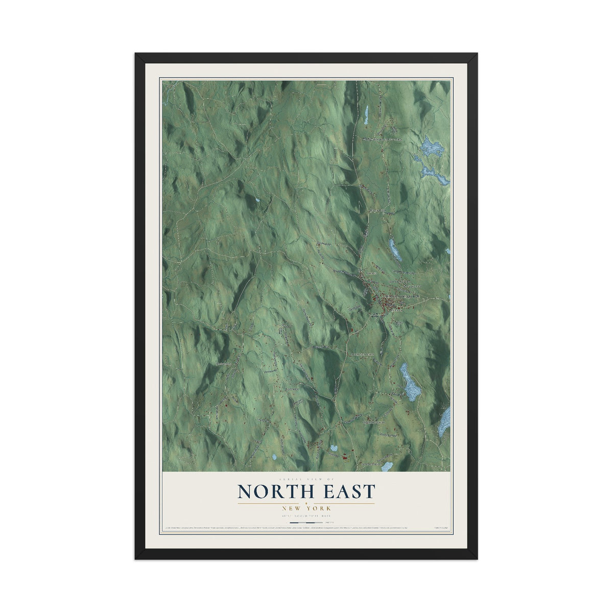 North East, New York map print, 12" x 18" W/ Black Ayous Wood Frame mockup