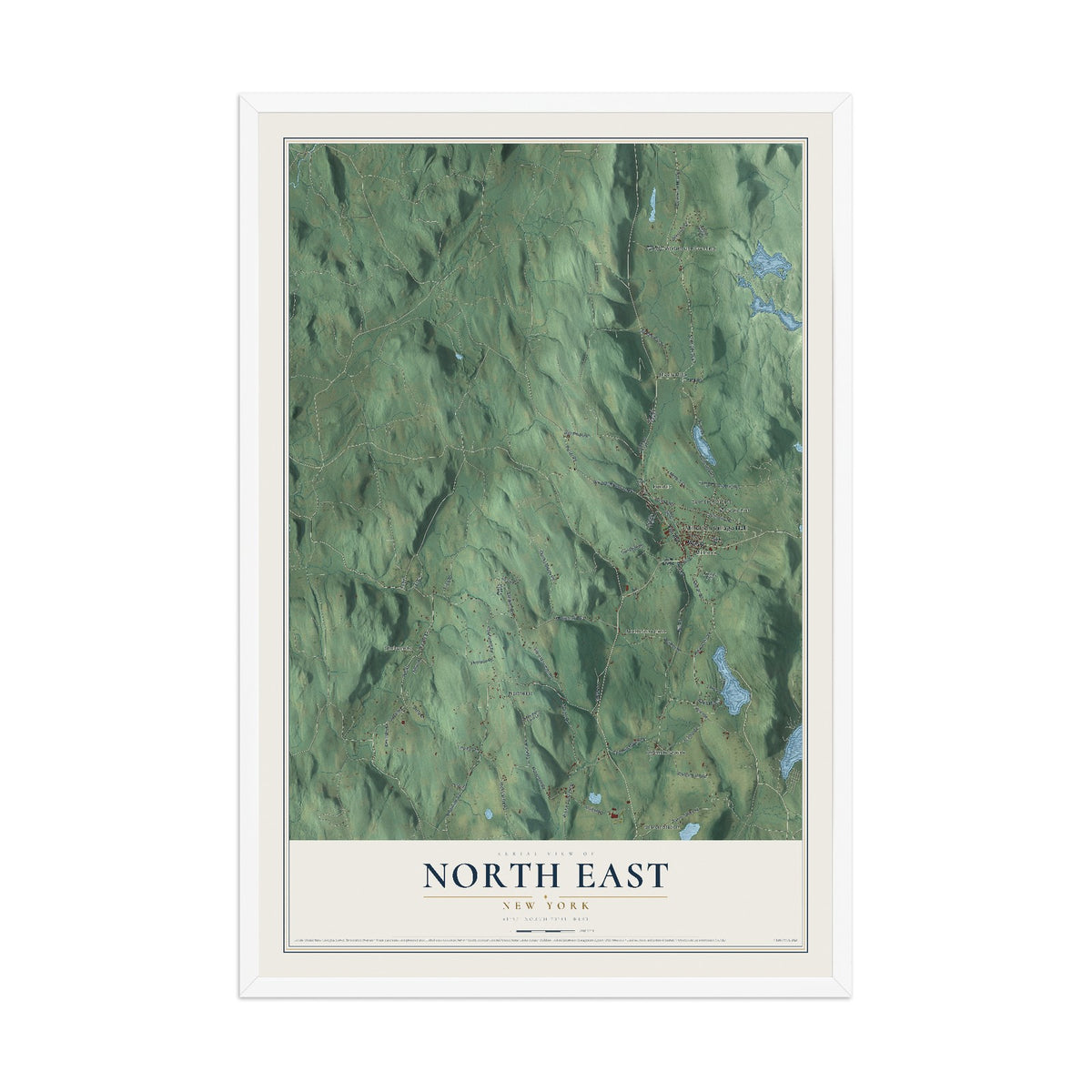 North East, New York map print, 12" x 18" W/ White Ayous Wood Frame mockup