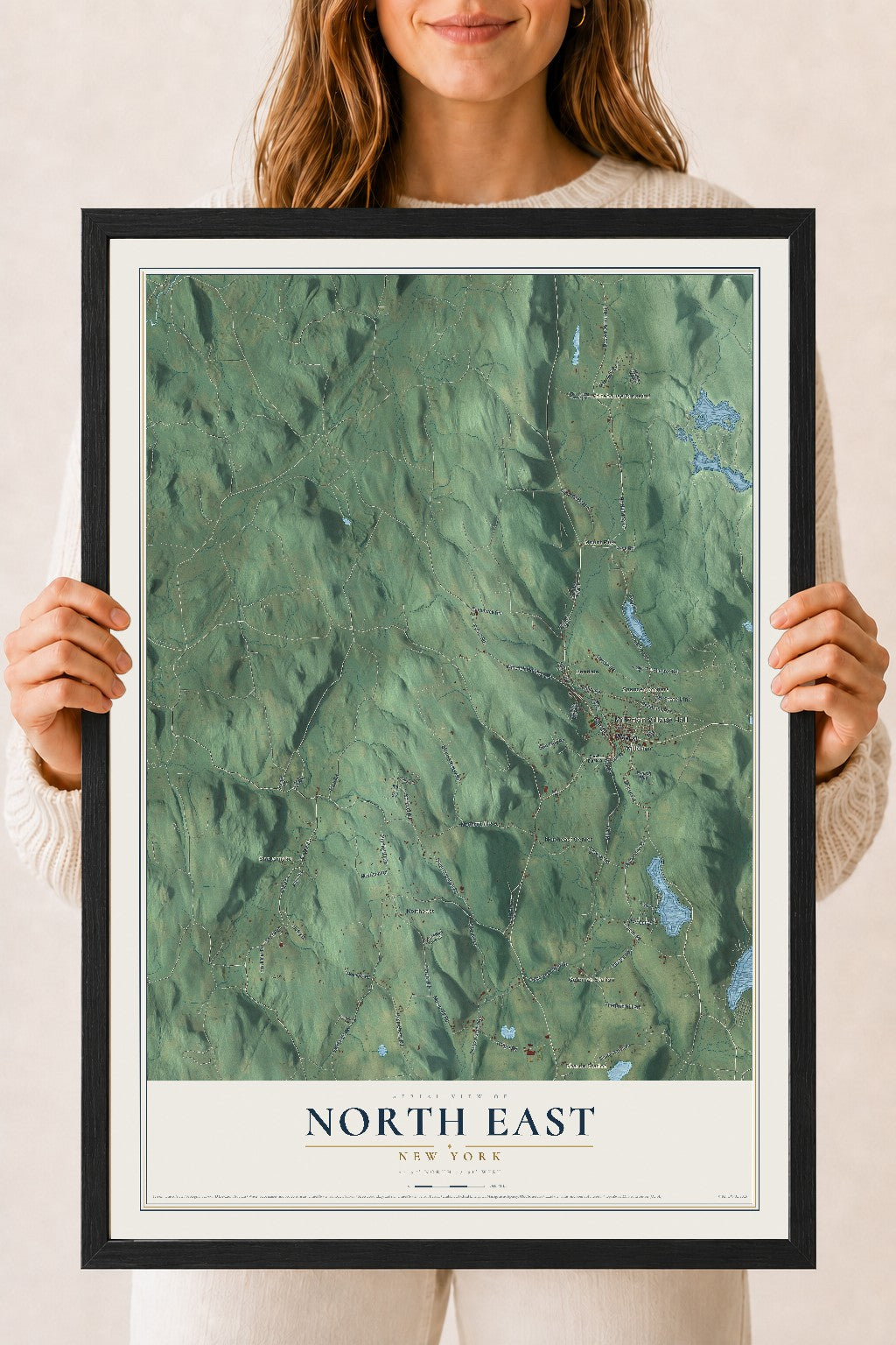 North East, New York map print, 18" x 24" W/ Black Ayous Wood Frame mockup