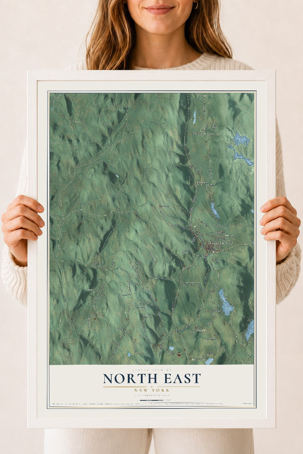 North East, New York map print, 18" x 24" W/ White Ayous Wood Frame mockup