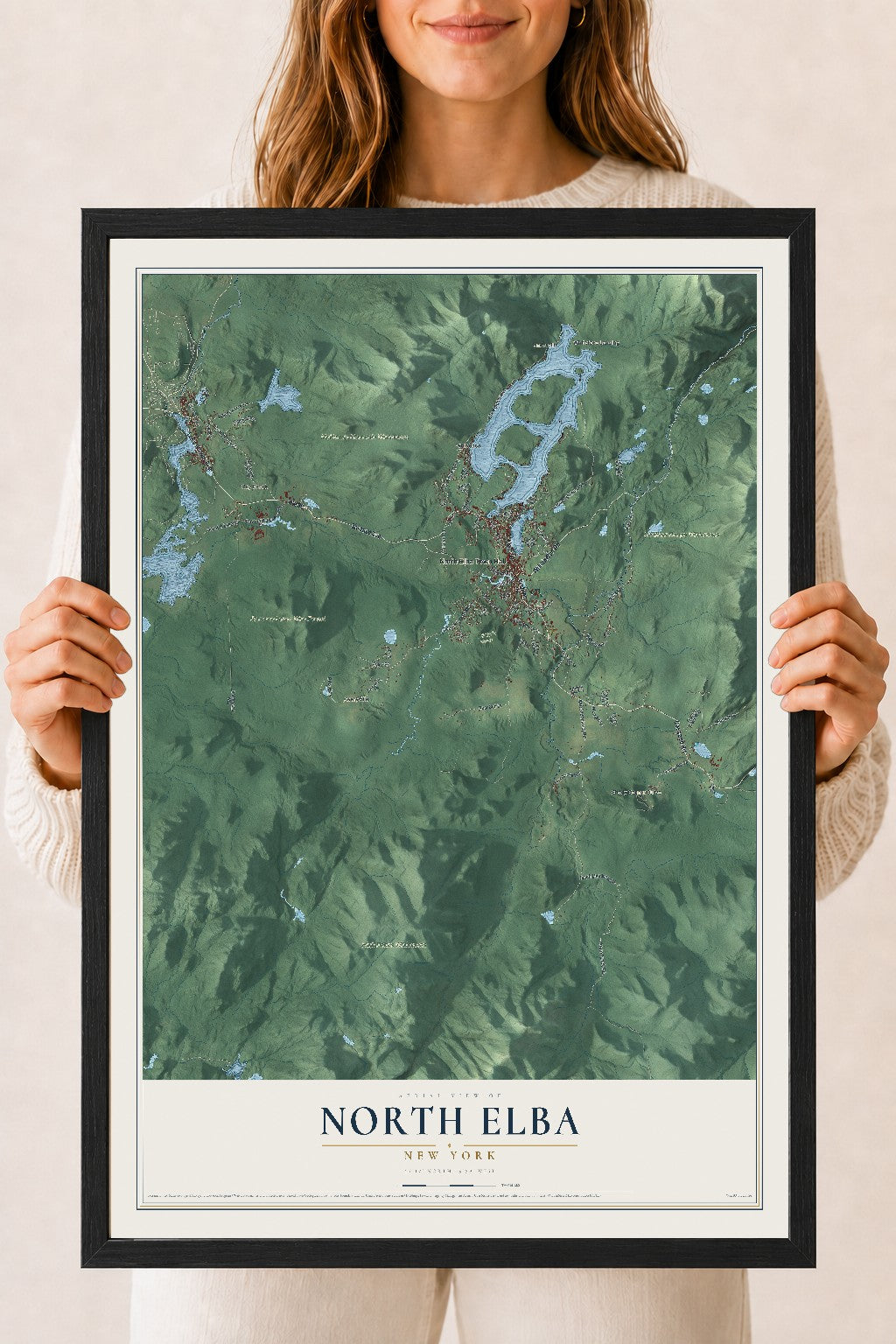 North Elba, New York map print, 18" x 24" W/ Black Ayous Wood Frame mockup