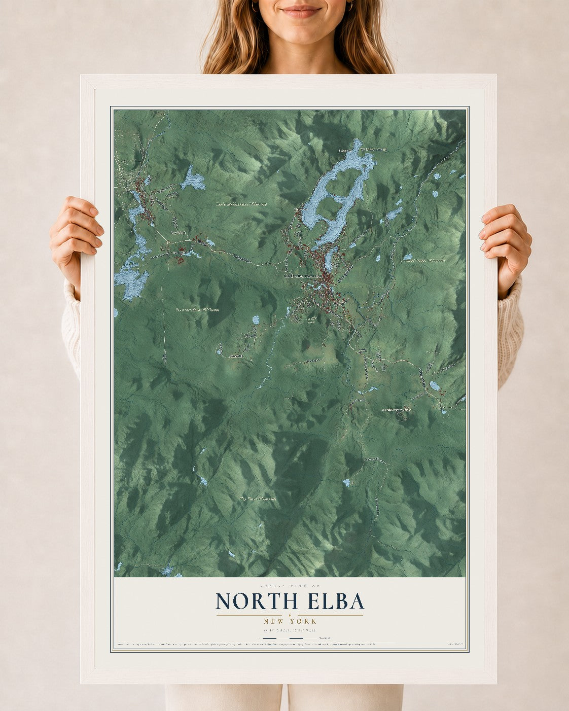 North Elba, New York map print, 24" x 36" W/ White Ayous Wood Frame mockup