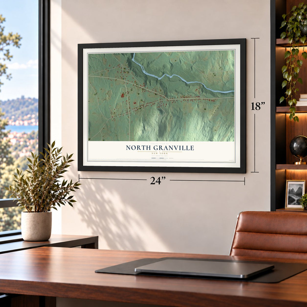 North Granville, New York map, 18 x 24 inch print in a black frame in a home office