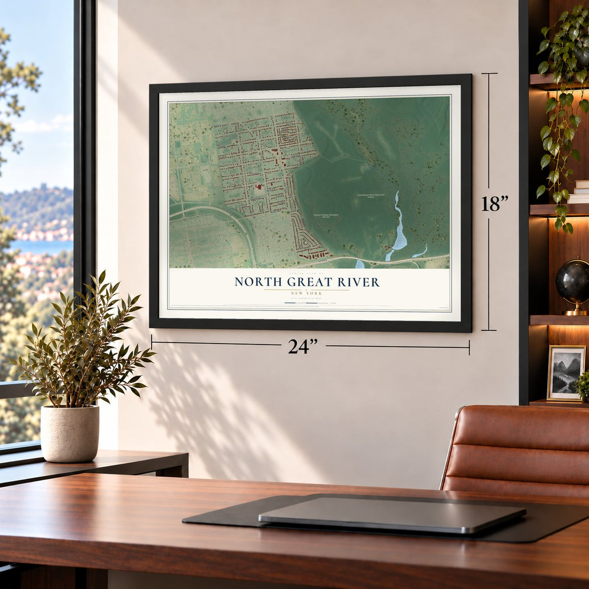 North Great River, New York map, 18 x 24 inch print in a black frame in a home office