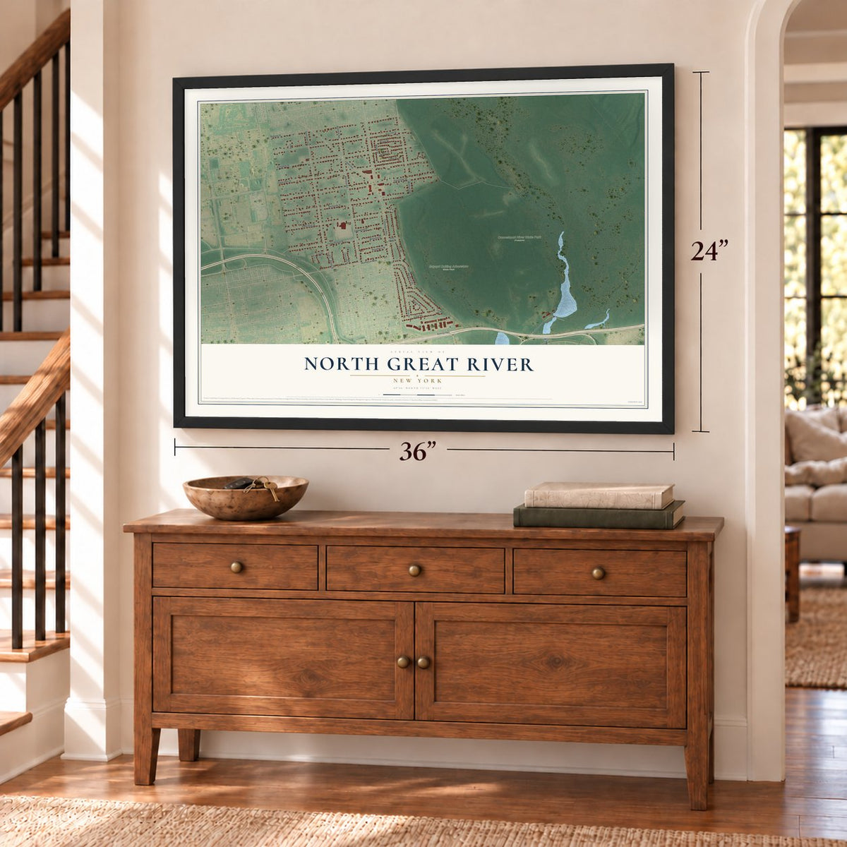 North Great River, New York map, 24 x 36 inch print in a black frame above a dresser by a staircase