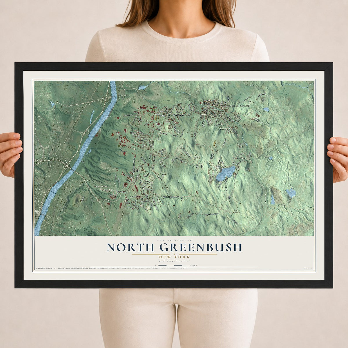 North Greenbush, New York map print, 18" x 24" W/ Black Ayous Wood Frame mockup