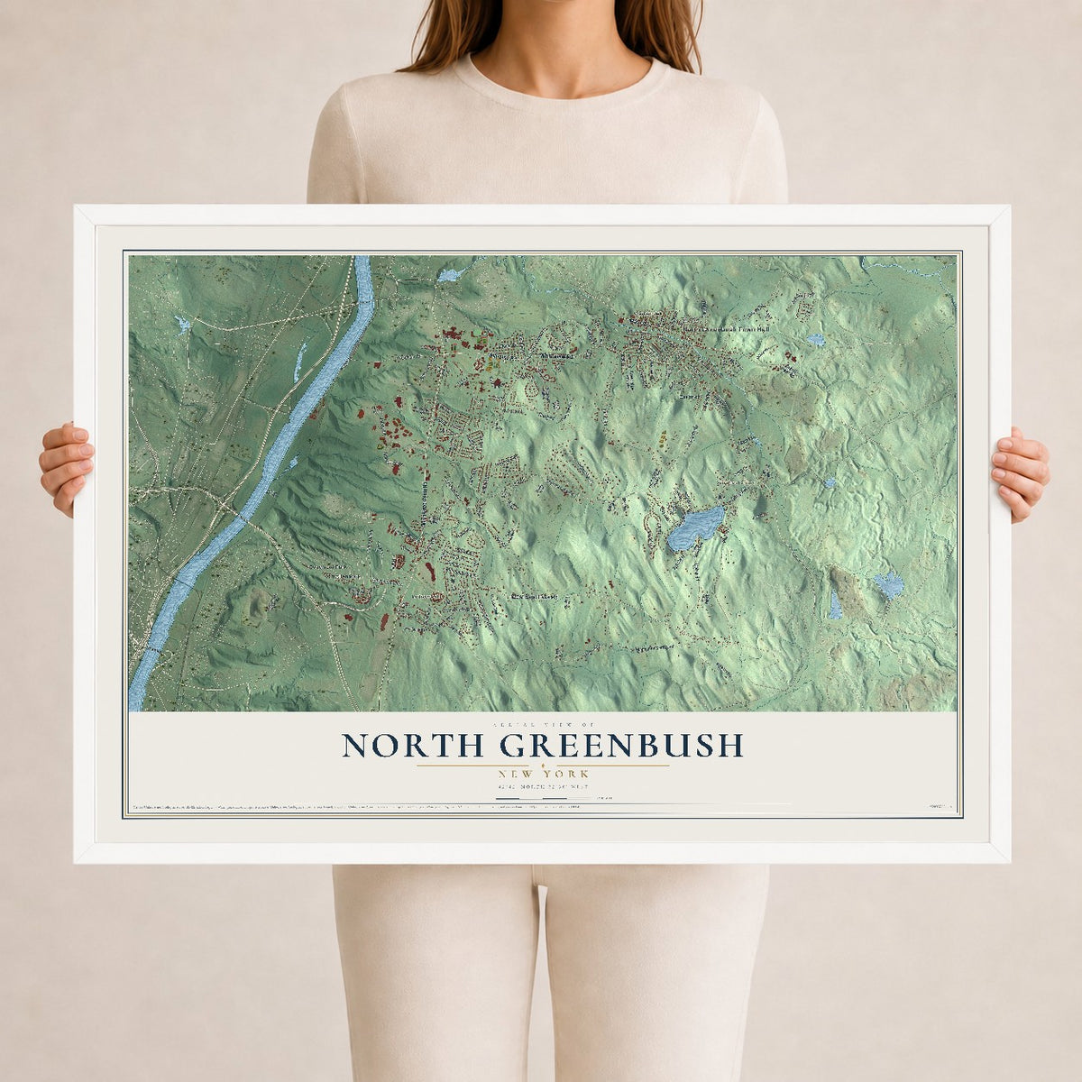 North Greenbush, New York map print, 24" x 36" W/ White Ayous Wood Frame mockup