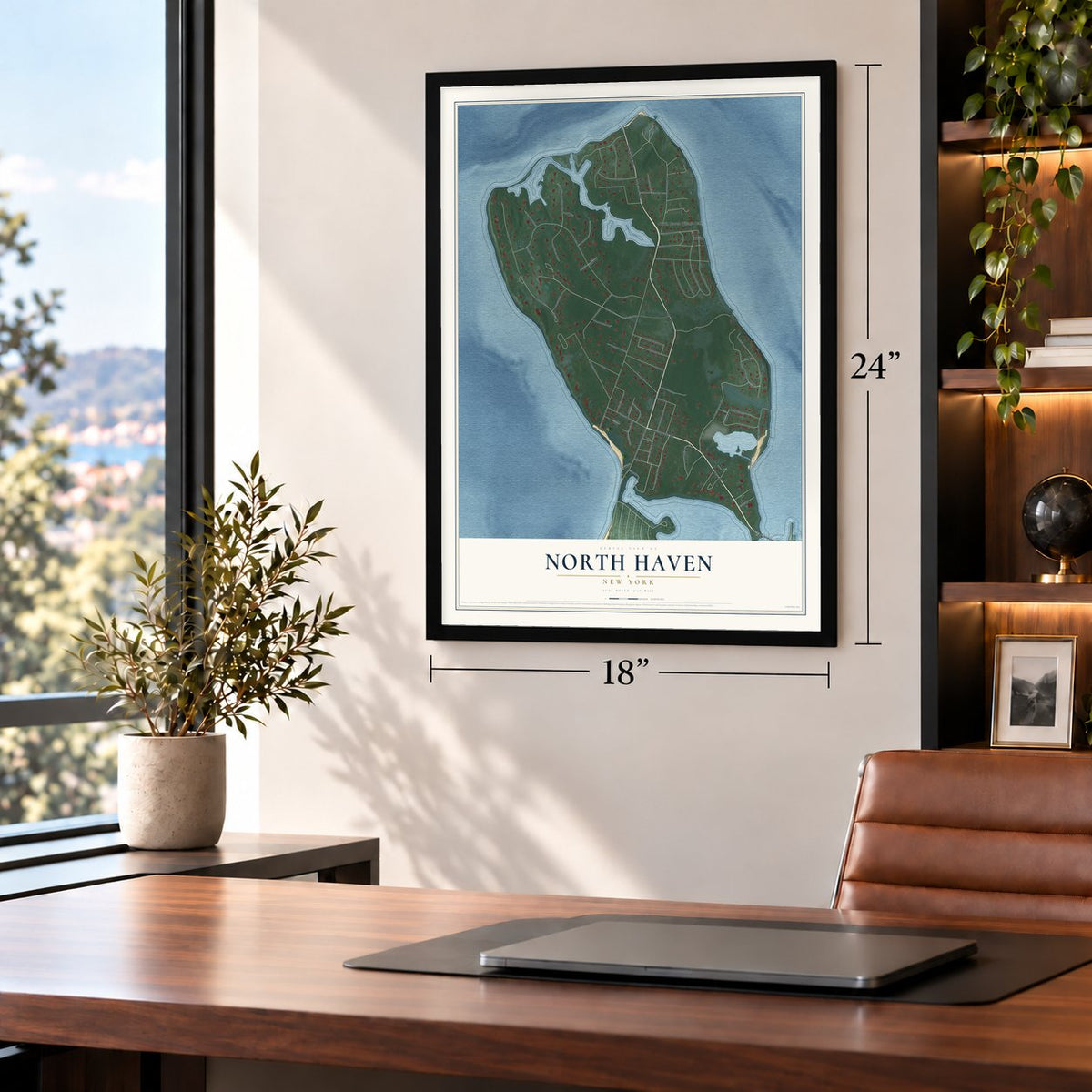 North Haven, New York map, 18 x 24 inch print in a black frame in a home office