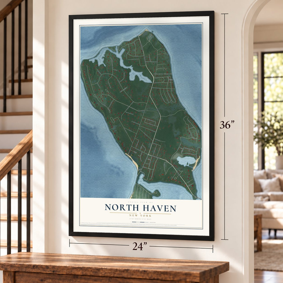 North Haven, New York map, 24 x 36 inch print in a black frame by a staircase
