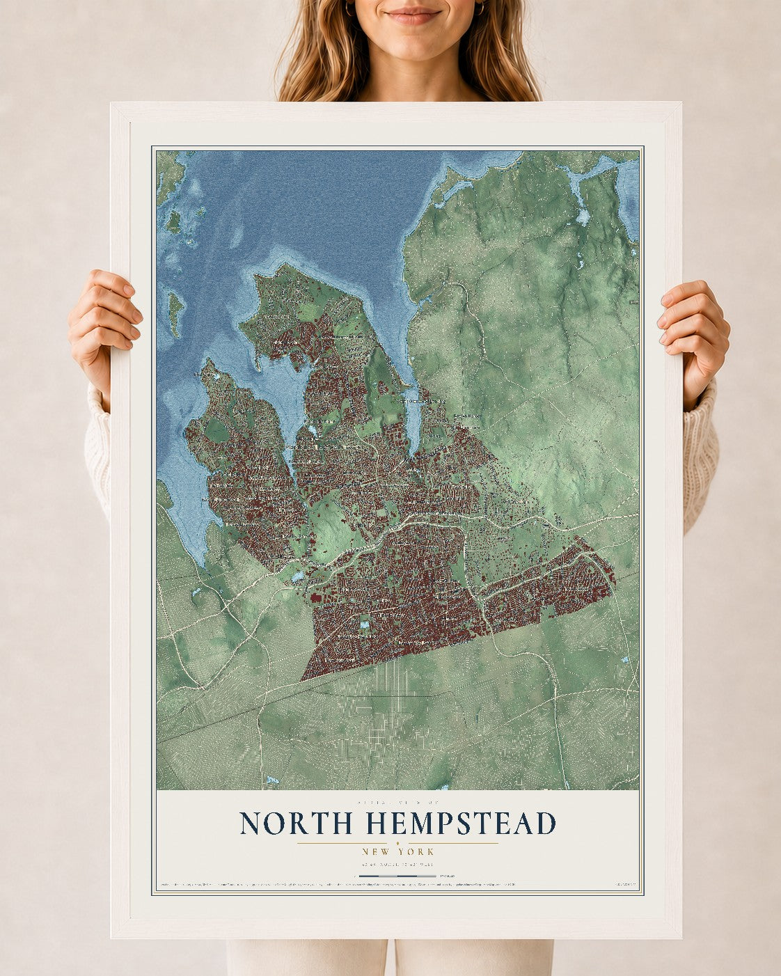 North Hempstead, New York map print, 24" x 36" W/ White Ayous Wood Frame mockup