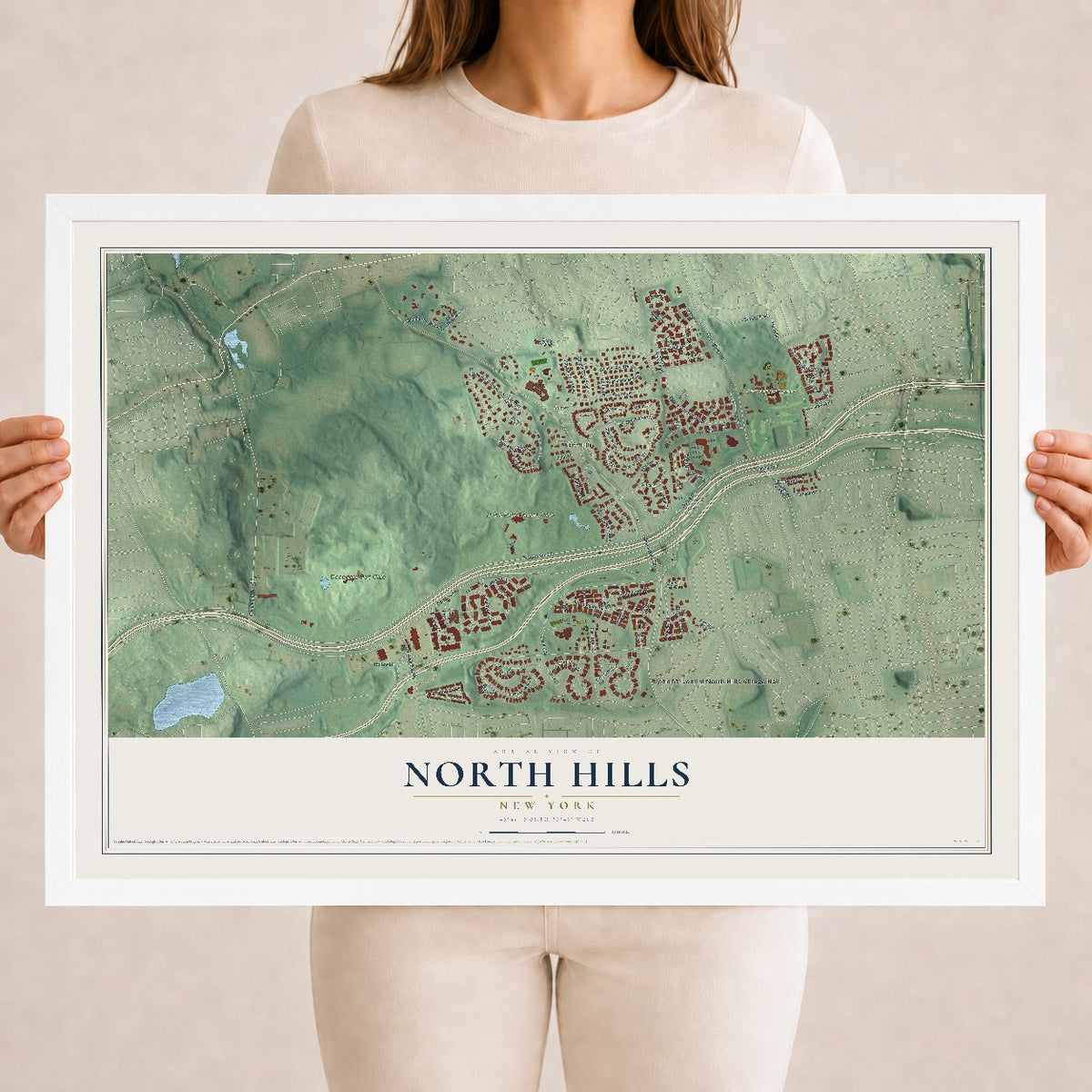 North Hills, New York map print, 18" x 24" W/ White Ayous Wood Frame mockup