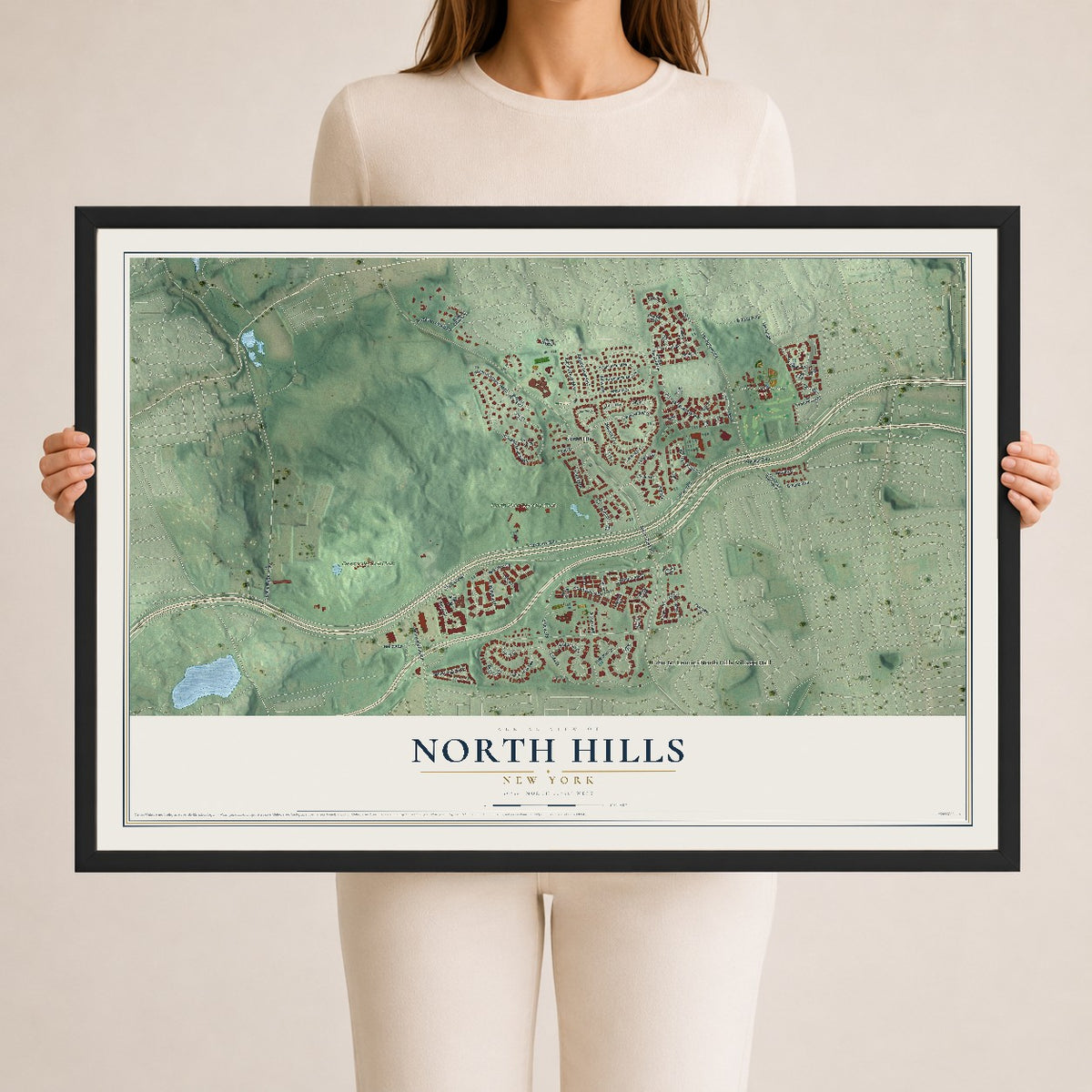 North Hills, New York map print, 24" x 36" W/ Black Ayous Wood Frame mockup