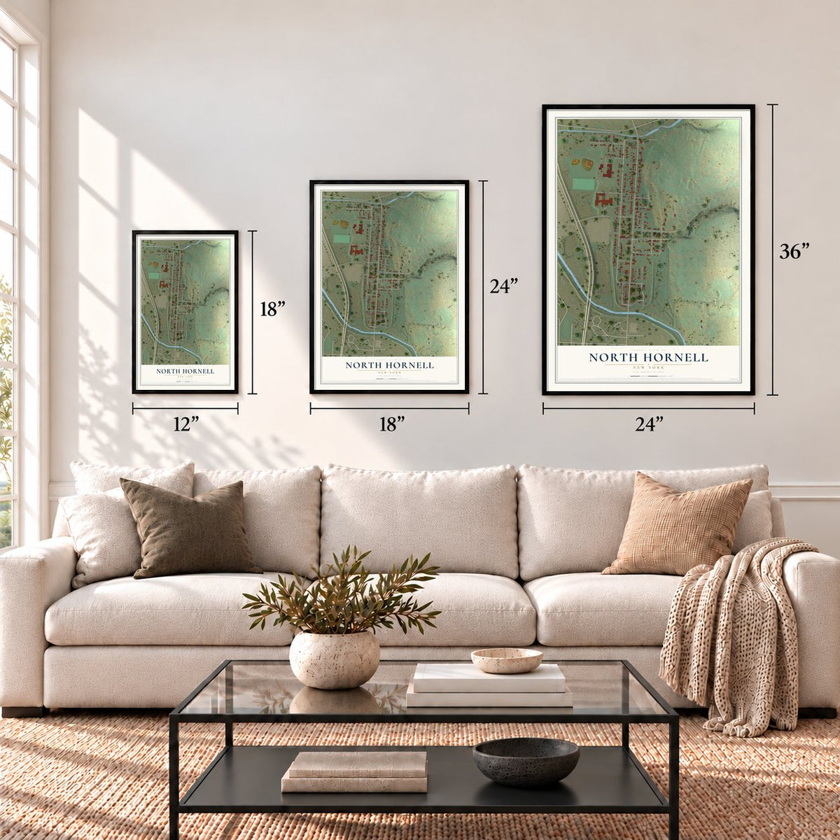 North Hornell, New York map in 12 x 18, 18 x 24 and 24 x 36 inch sizes above a sofa