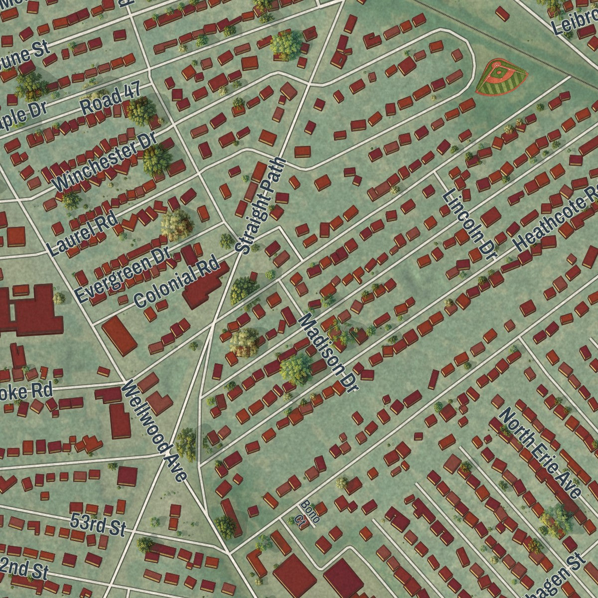Close-up of the map of North Lindenhurst, New York print showing street and building detail