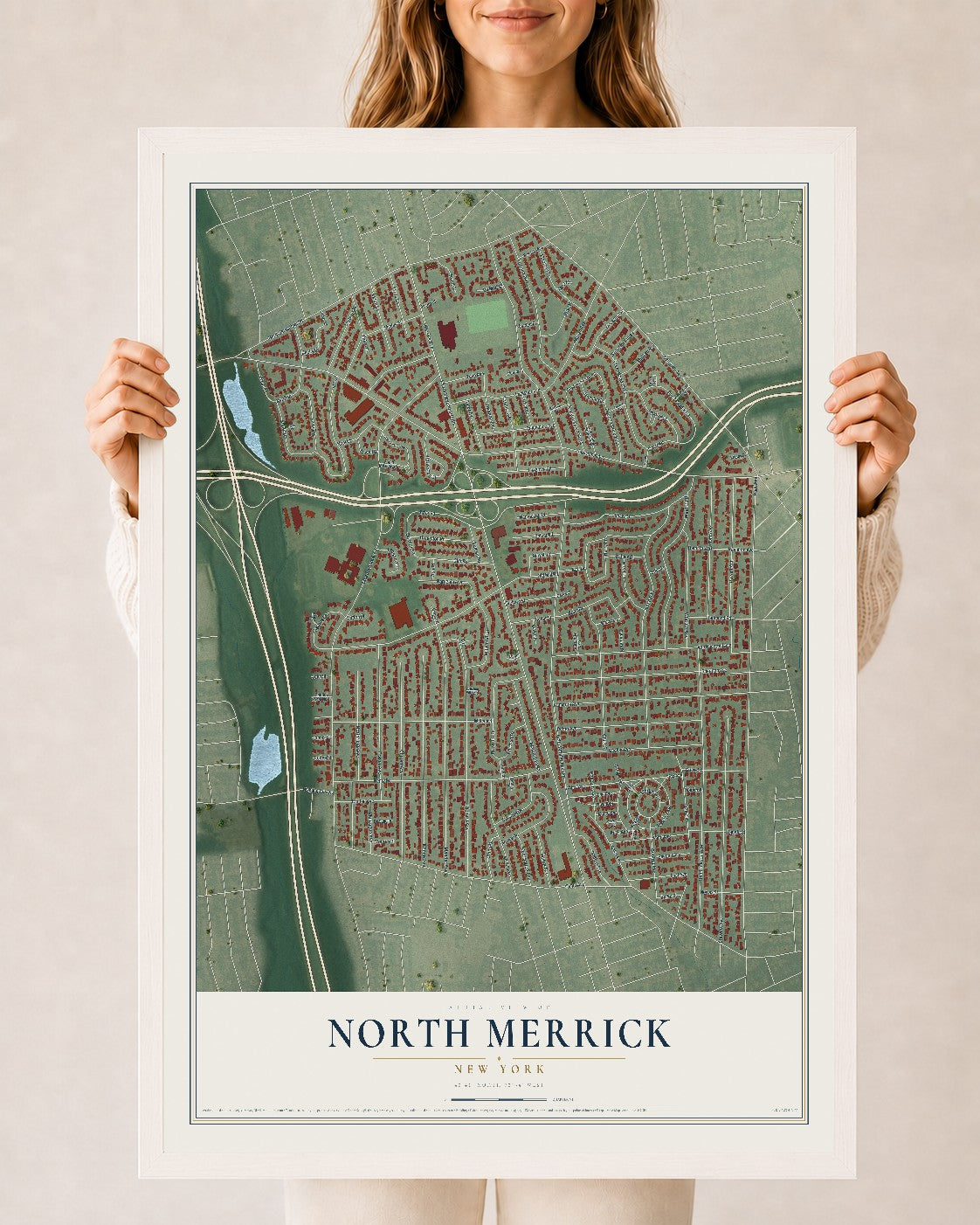 North Merrick, New York map print, 24" x 36" W/ White Ayous Wood Frame mockup