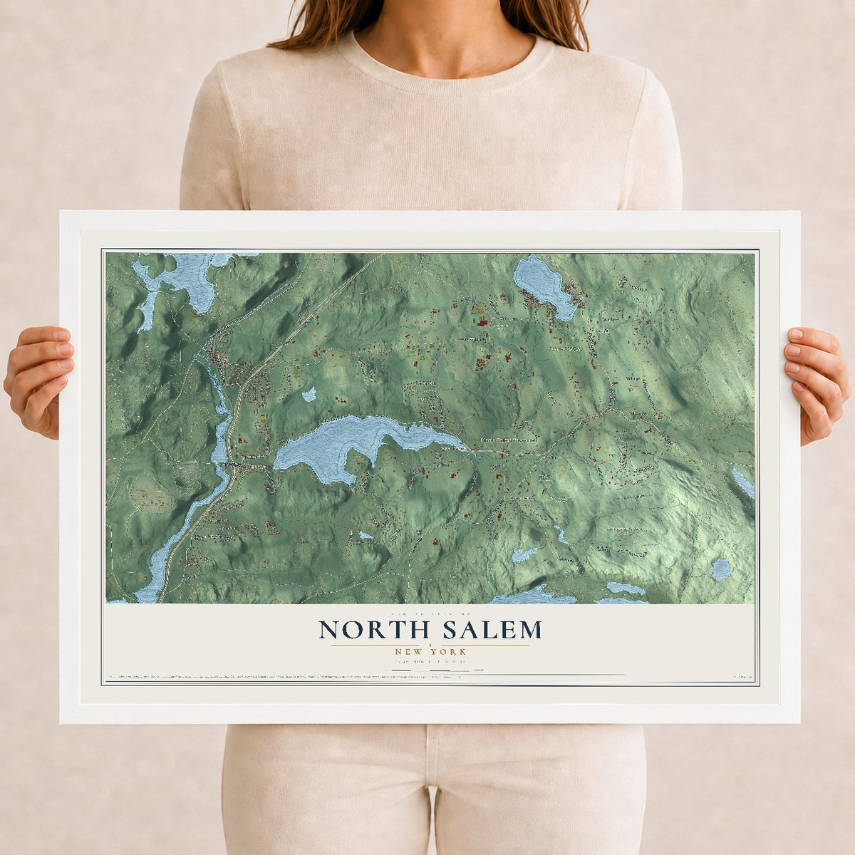 Map of North Salem, New York, 12 x 18 inch print in a white wood frame