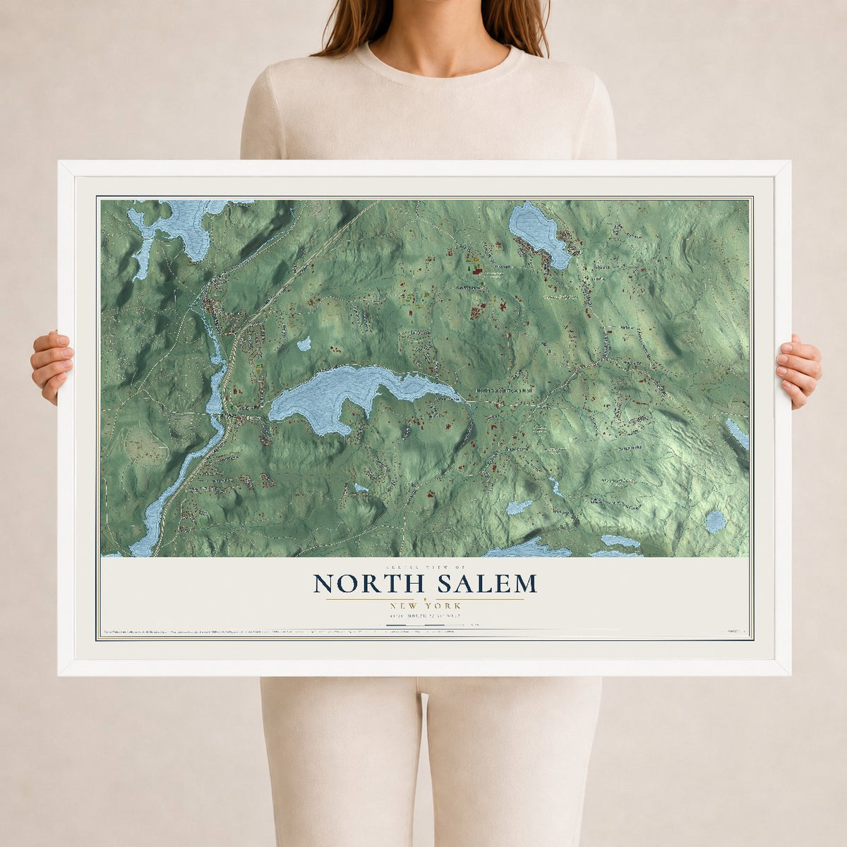 Map of North Salem, New York, 24 x 36 inch print in a white wood frame