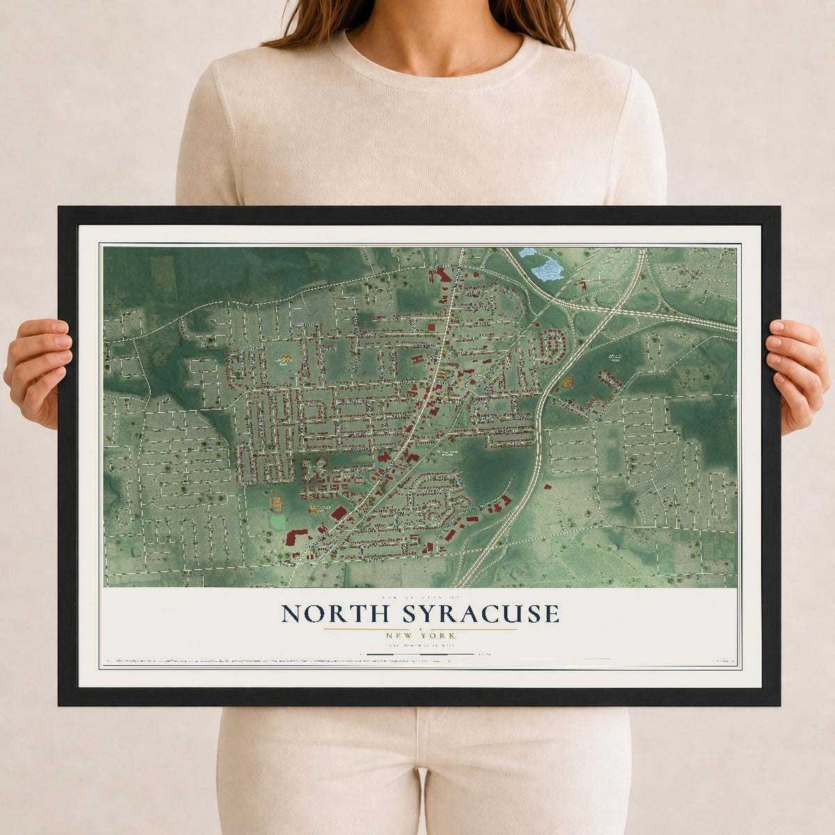 North Syracuse, New York map print, 12" x 18" W/ Black Ayous Wood Frame mockup