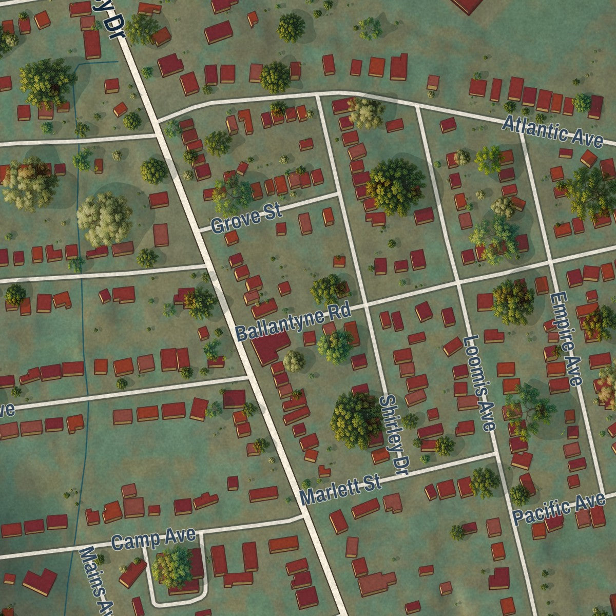 Close-up of the map of North Valley, New York print showing street and building detail
