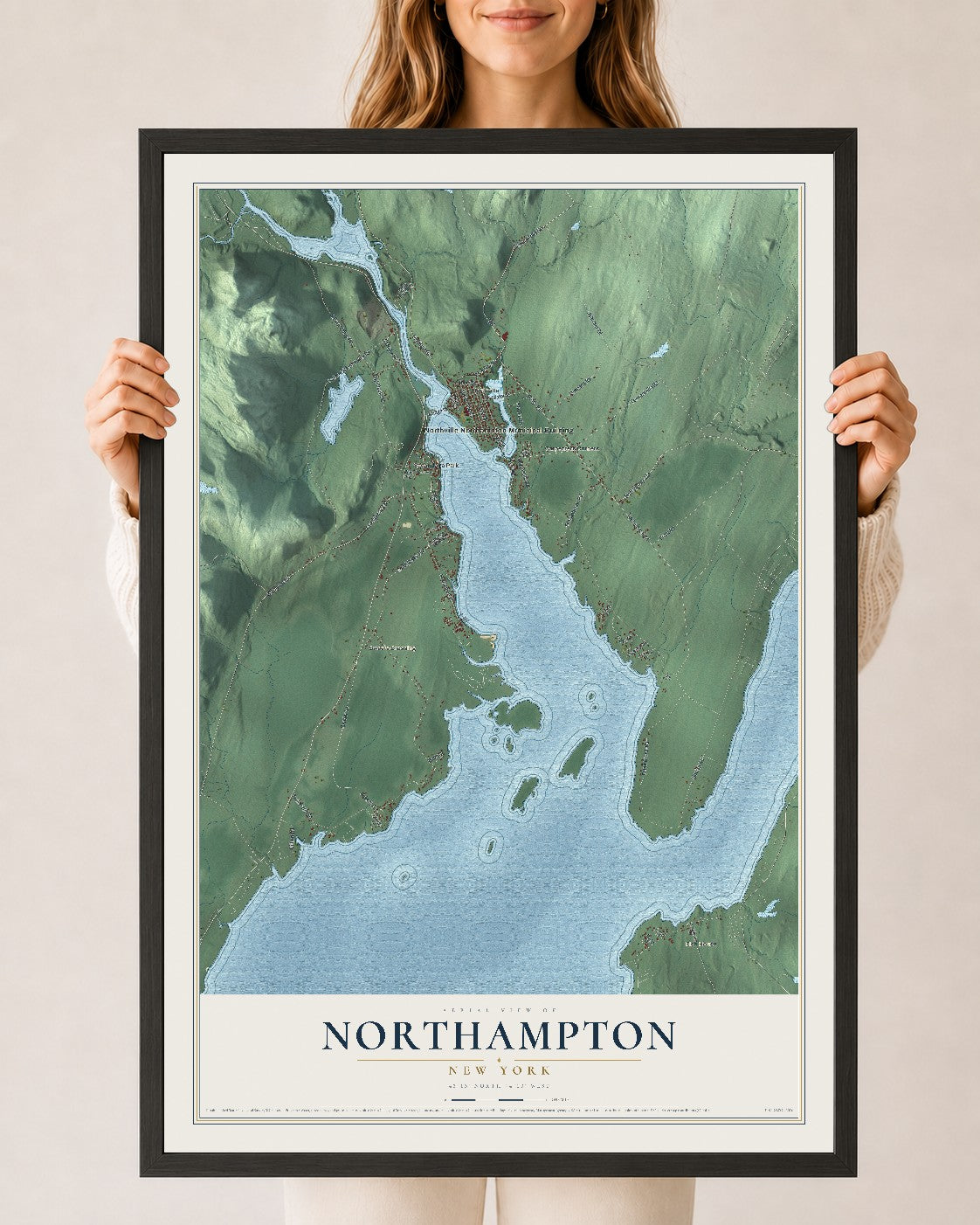 Northampton, New York map print, 24" x 36" W/ Black Ayous Wood Frame mockup