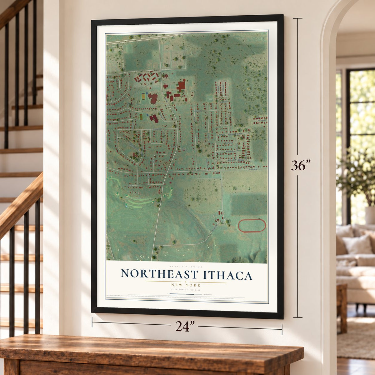 Northeast Ithaca, New York map, 24 x 36 inch print in a black frame by a staircase