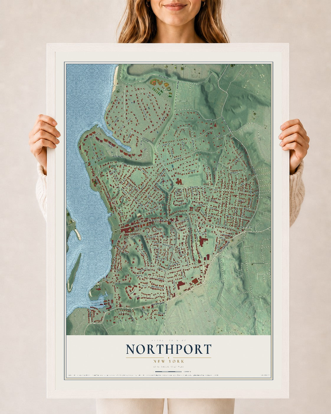 Northport, New York map print, 24" x 36" W/ White Ayous Wood Frame mockup