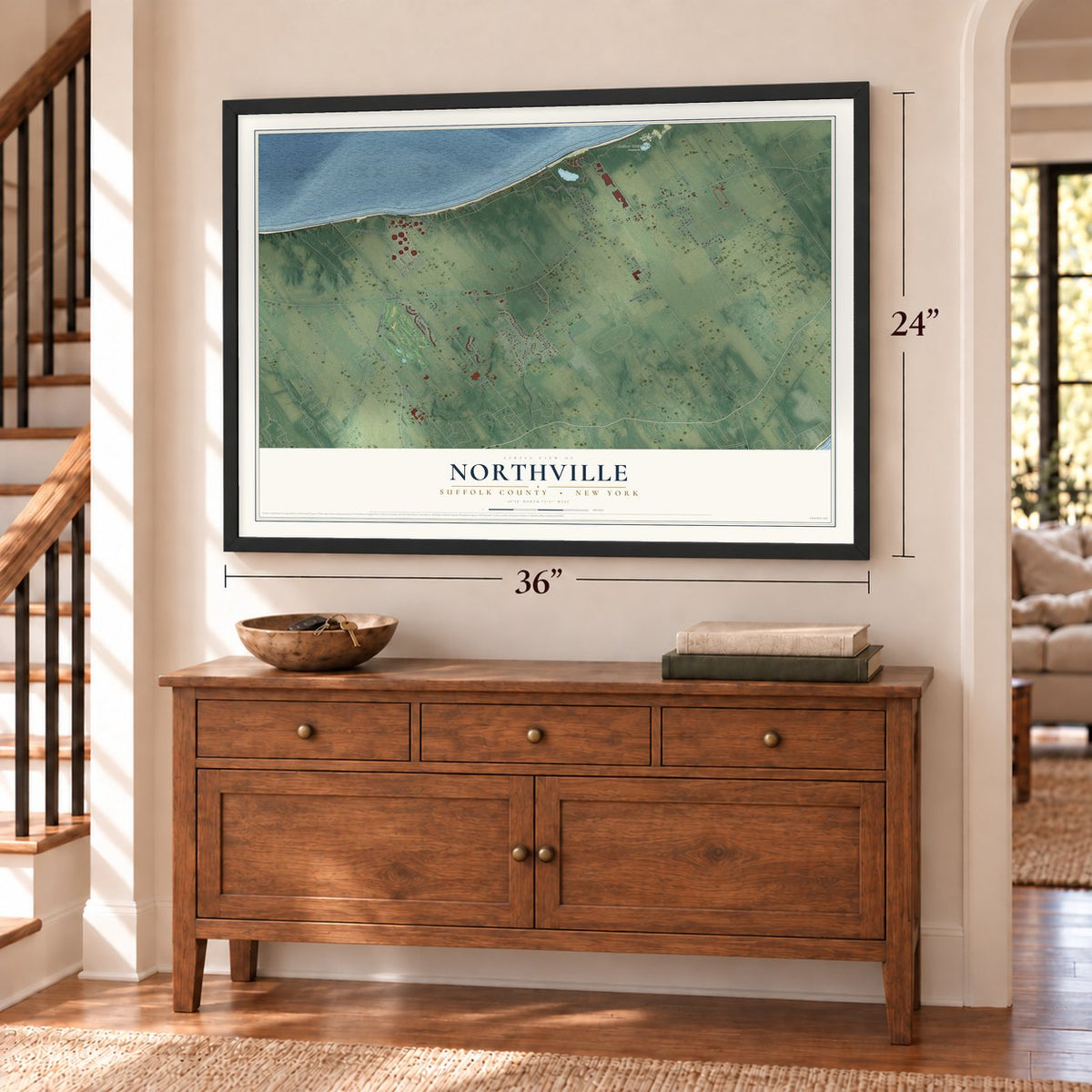 Northville, Suffolk County, New York map, 24 x 36 inch print in a black frame above a dresser by a staircase