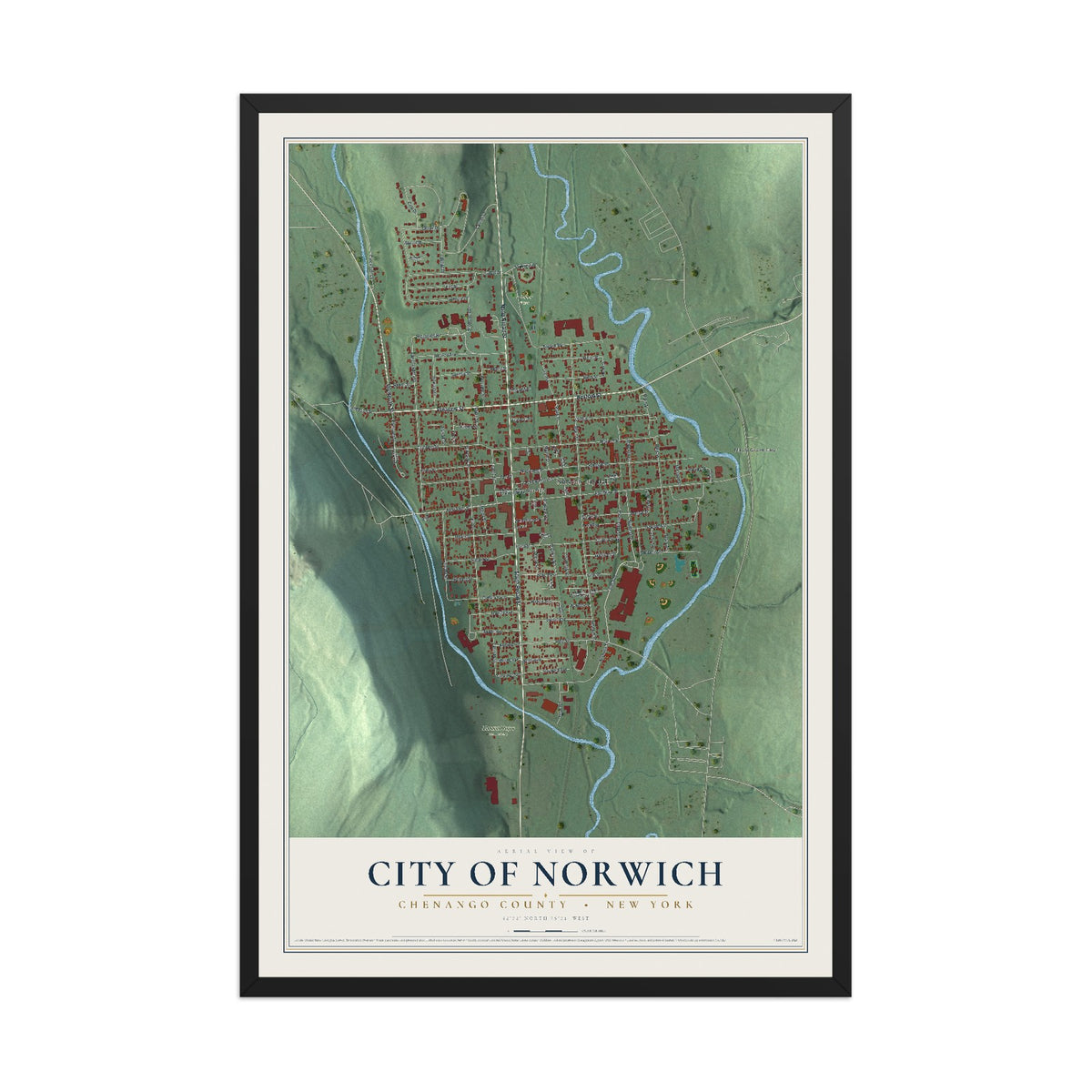 Norwich, New York map print, 12" x 18" W/ Black Ayous Wood Frame mockup