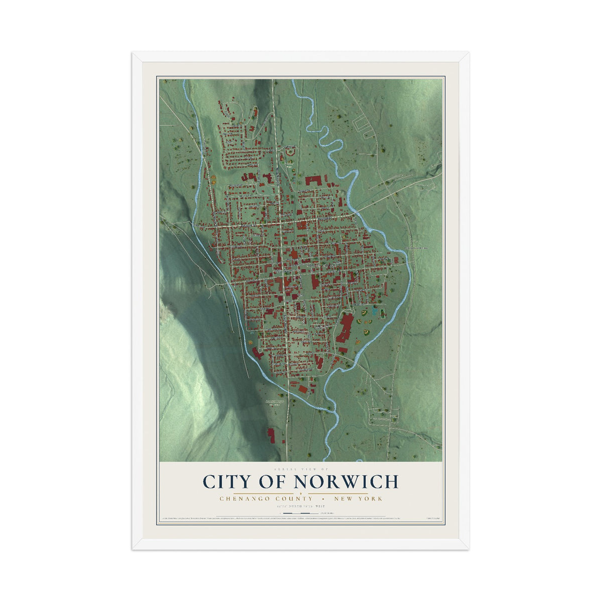 Norwich, New York map print, 12" x 18" W/ White Ayous Wood Frame mockup
