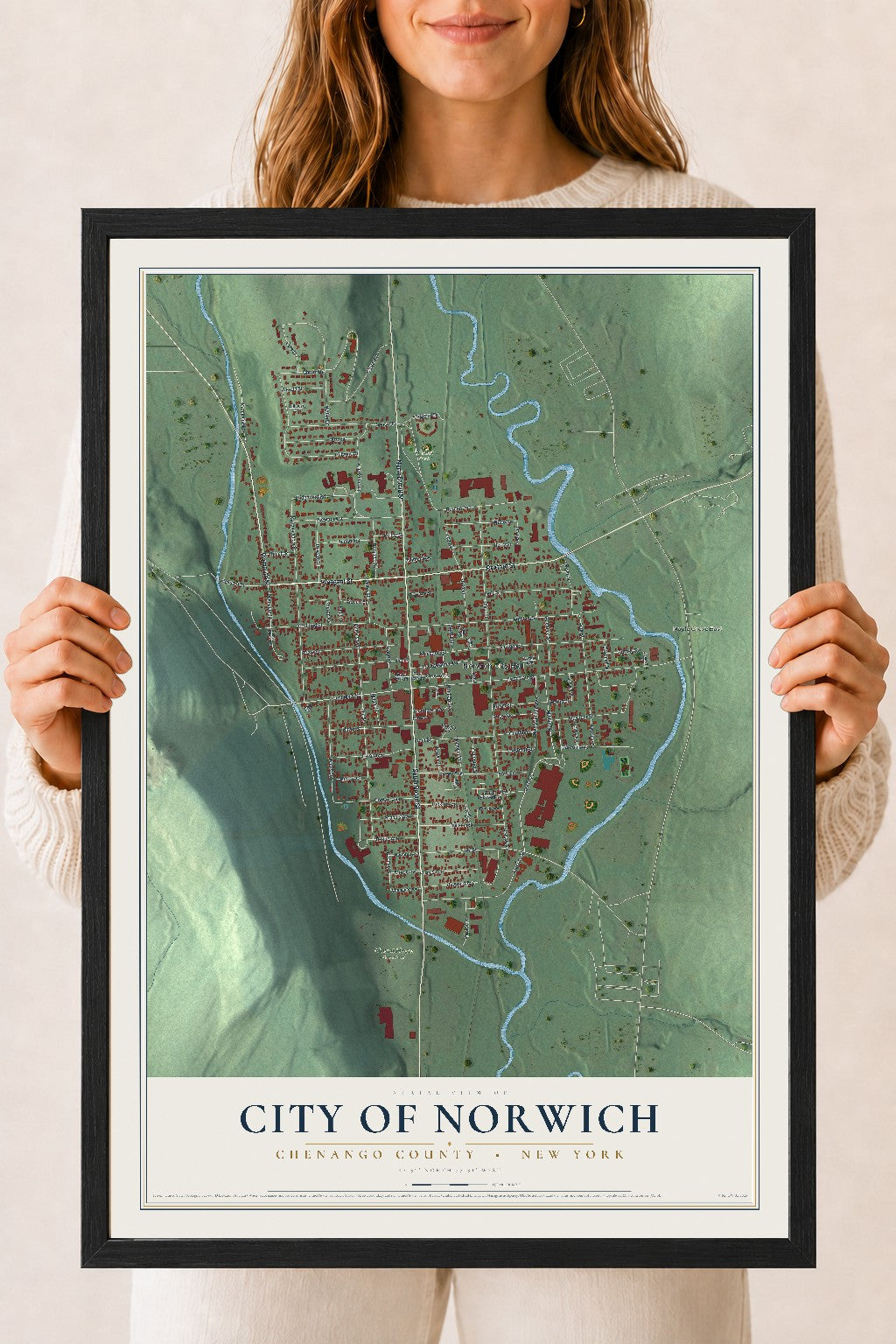 Norwich, New York map print, 18" x 24" W/ Black Ayous Wood Frame mockup