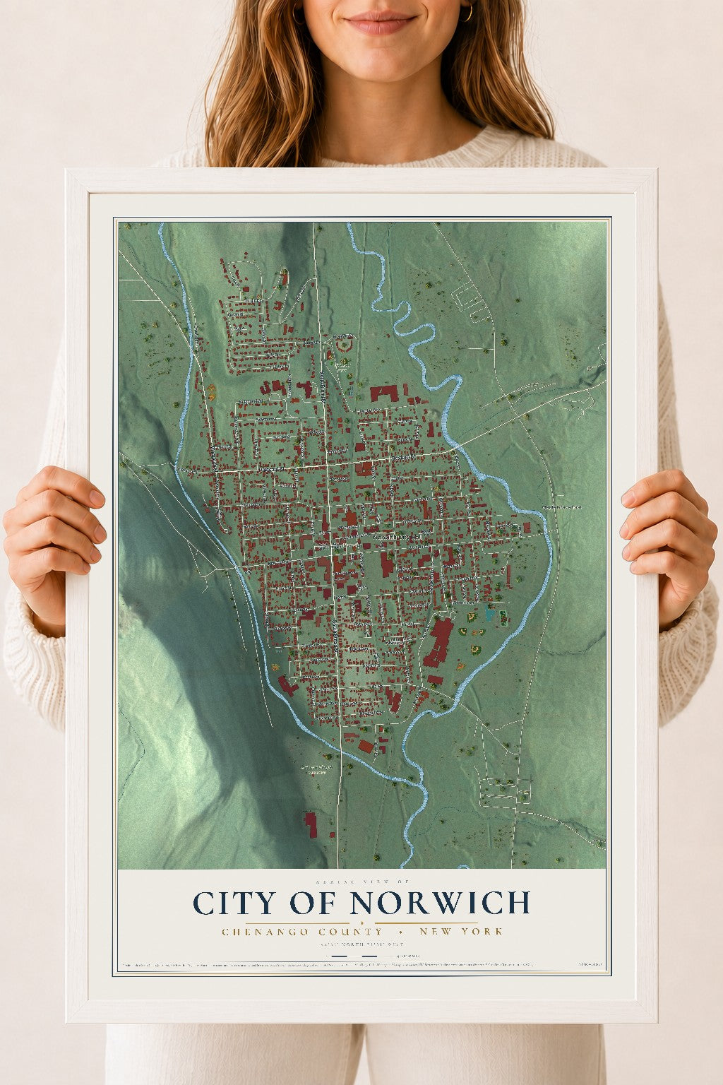 Norwich, New York map print, 18" x 24" W/ White Ayous Wood Frame mockup