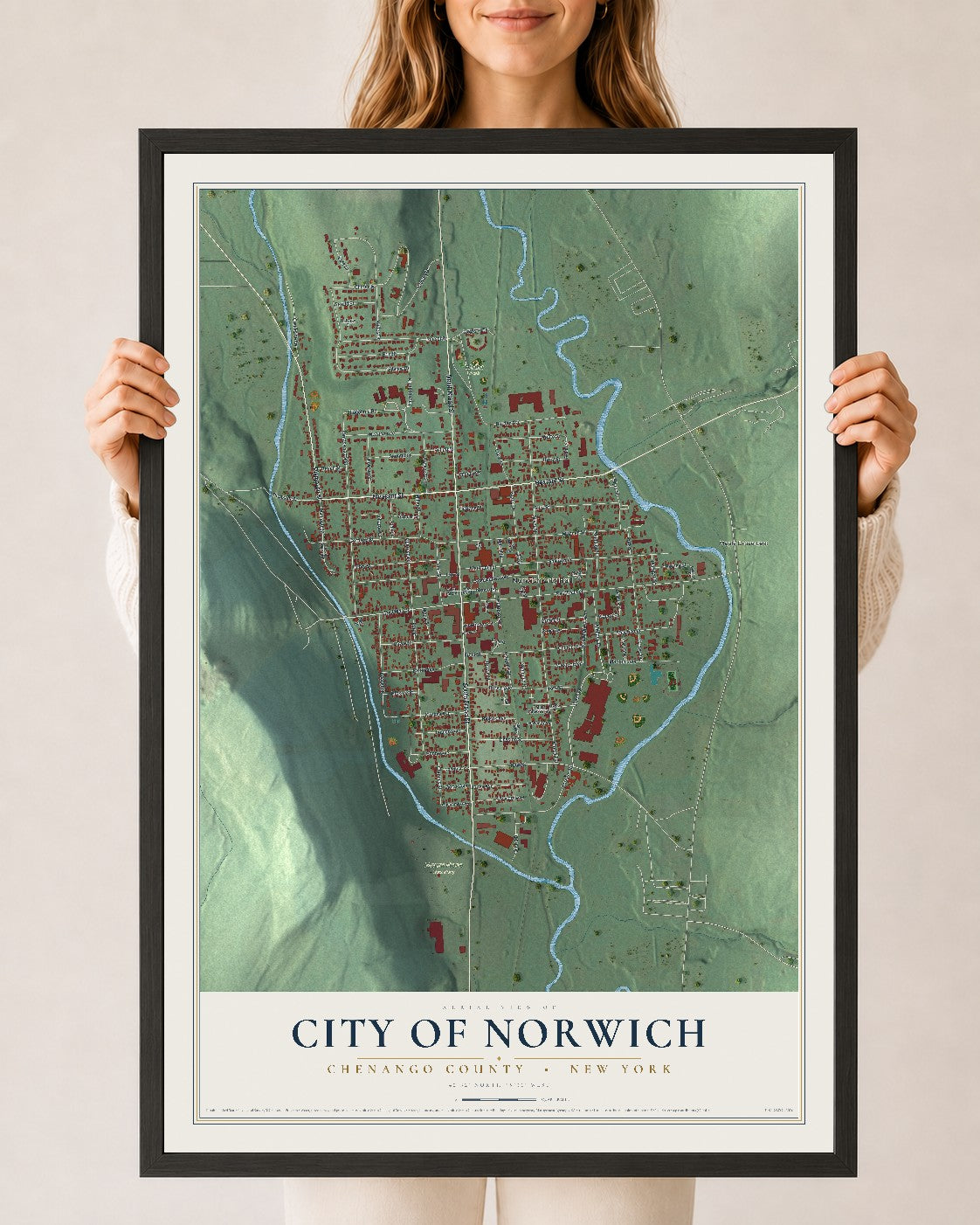 Norwich, New York map print, 24" x 36" W/ Black Ayous Wood Frame mockup