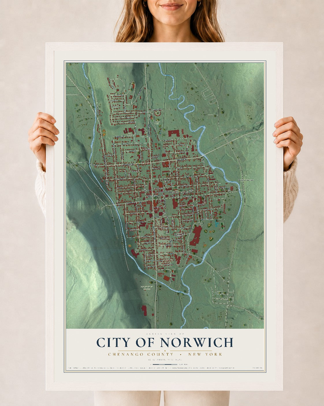 Norwich, New York map print, 24" x 36" W/ White Ayous Wood Frame mockup