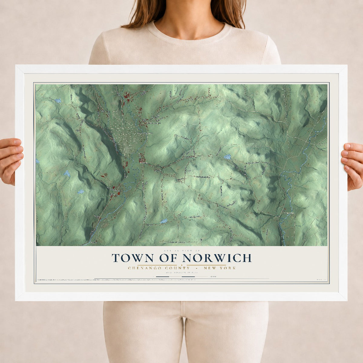 Norwich, New York map print, 18" x 24" W/ White Ayous Wood Frame mockup