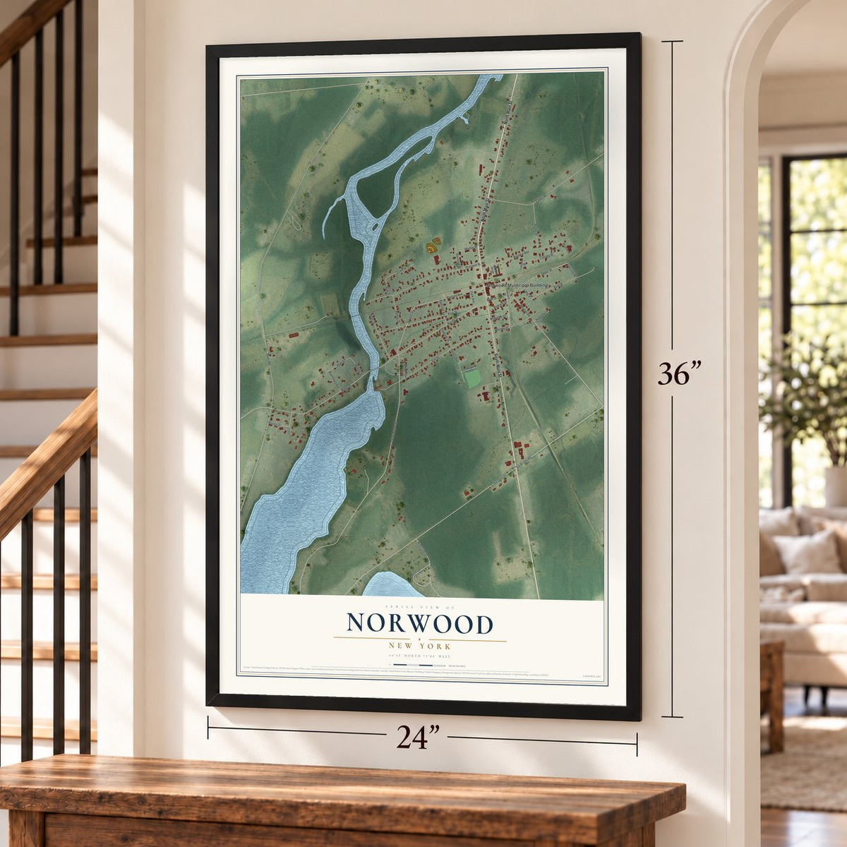 Norwood, New York map, 24 x 36 inch print in a black frame by a staircase