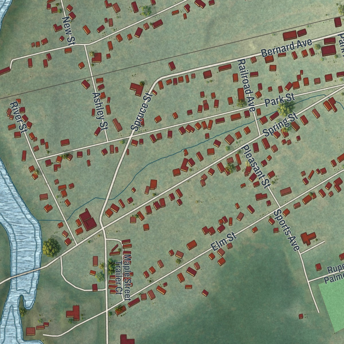 Close-up of the map of Norwood, New York print showing street and building detail